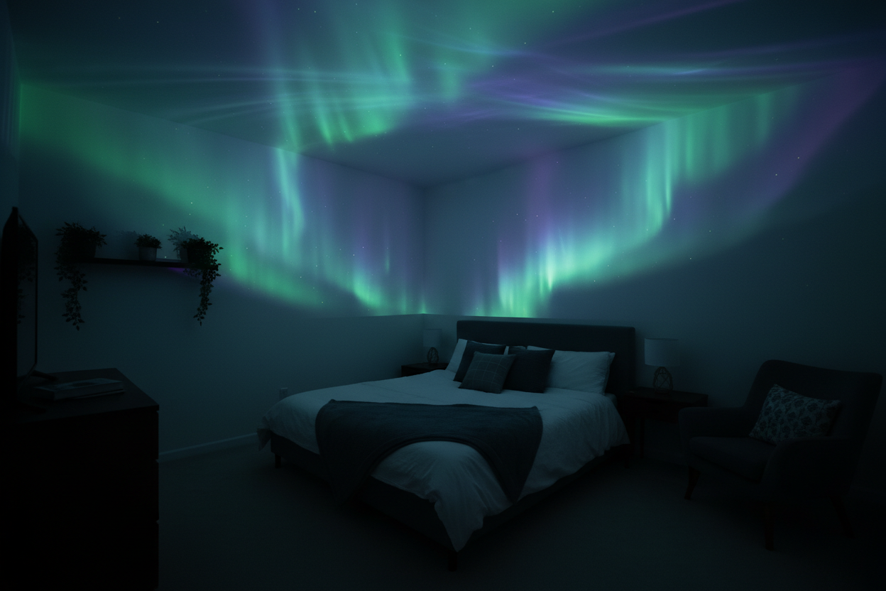 A bedroom thats light up by an aurora projector 